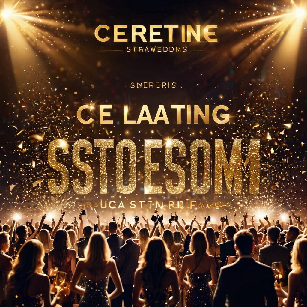 A dazzling awards ceremony scene illuminated by golden lights, with a diverse group of glamorous celebrities in exquisite outfits holding prestigious trophies. The background features a large, glitzy banner reading 'Celebrating Stardom', with sparkling confetti falling from above. Soft focus on excited fans in the foreground, capturing the essence of stardom and celebration. vibrant colors. super-realistic. glamorous.