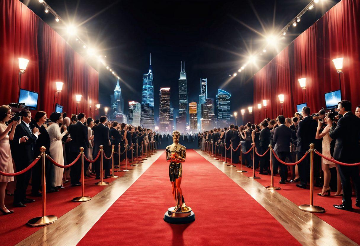 A glamorous red carpet scene filled with dazzling celebrities in elegant attire, surrounded by flashing cameras and adoring fans. Include a polished award statue in the foreground symbolizing recognition, with a spotlight illuminating the atmosphere. The background should depict a vibrant cityscape at night, adding to the celebratory vibe. super-realistic. vibrant colors. high contrast.