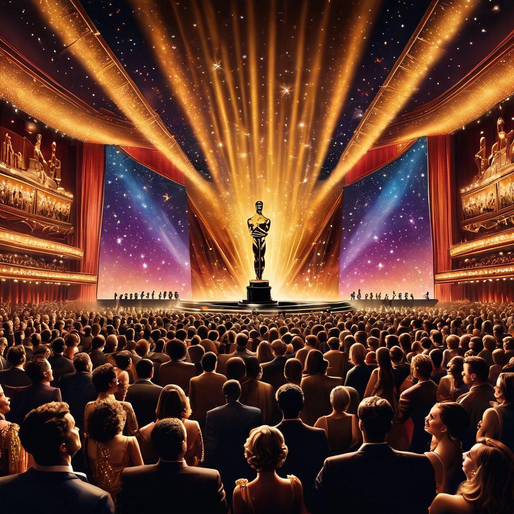 A dazzling stage lit up by vibrant spotlights, showcasing iconic trophies like Oscars, Grammys, and Emmys surrounded by excited fans. In the background, a colorful collage of famous pop culture moments and celebrities celebrating their achievements. The atmosphere is electric, emphasizing the allure of success and recognition in the arts. super-realistic. vibrant colors. cinematic.